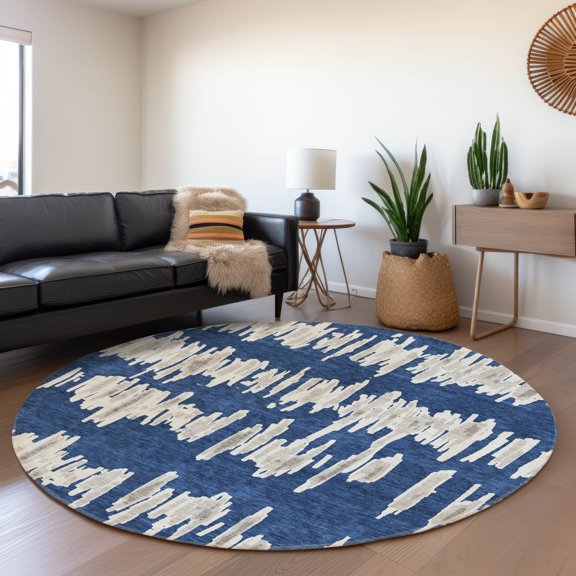 Addison Rugs Chantille Indoor/Outdoor Transitional Stripes Navy Washable Round Rug, 8' x 8'
