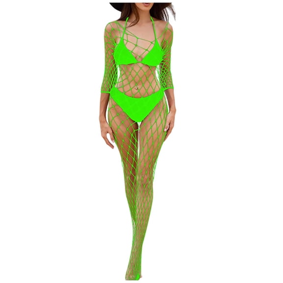 Sexy Fishnet Bodysuits Lingerie for Women 3/4 Sleeve Naughty Hollow See Through Stockings Mesh Erotic Nightwear