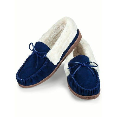 Faux Suede Plush Lined Moccasins Shoes, 8, Navy (Best Color Shoes To Wear With Navy Dress)