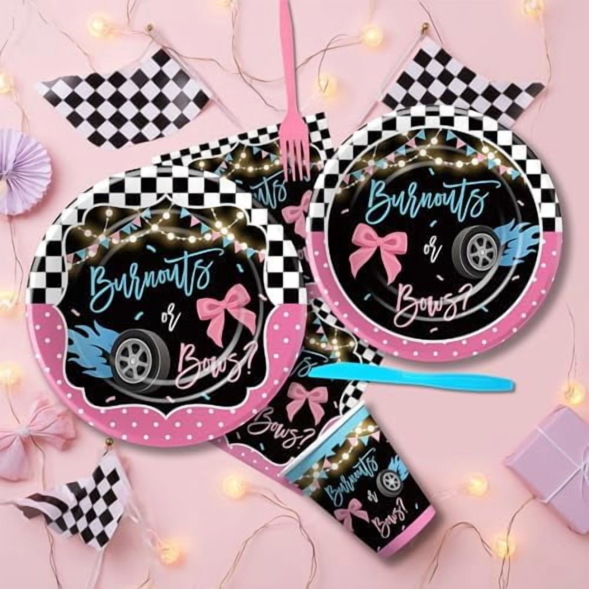 Burnouts or Bows Gender Reveal Decorations Tableware, Boy or Girl Gender Reveal Party Supplies, Plate, Cup, Napkin, Cutlery, Tablecloth, Race Car vs Bows Baby Shower Decorations, Serves 24$$