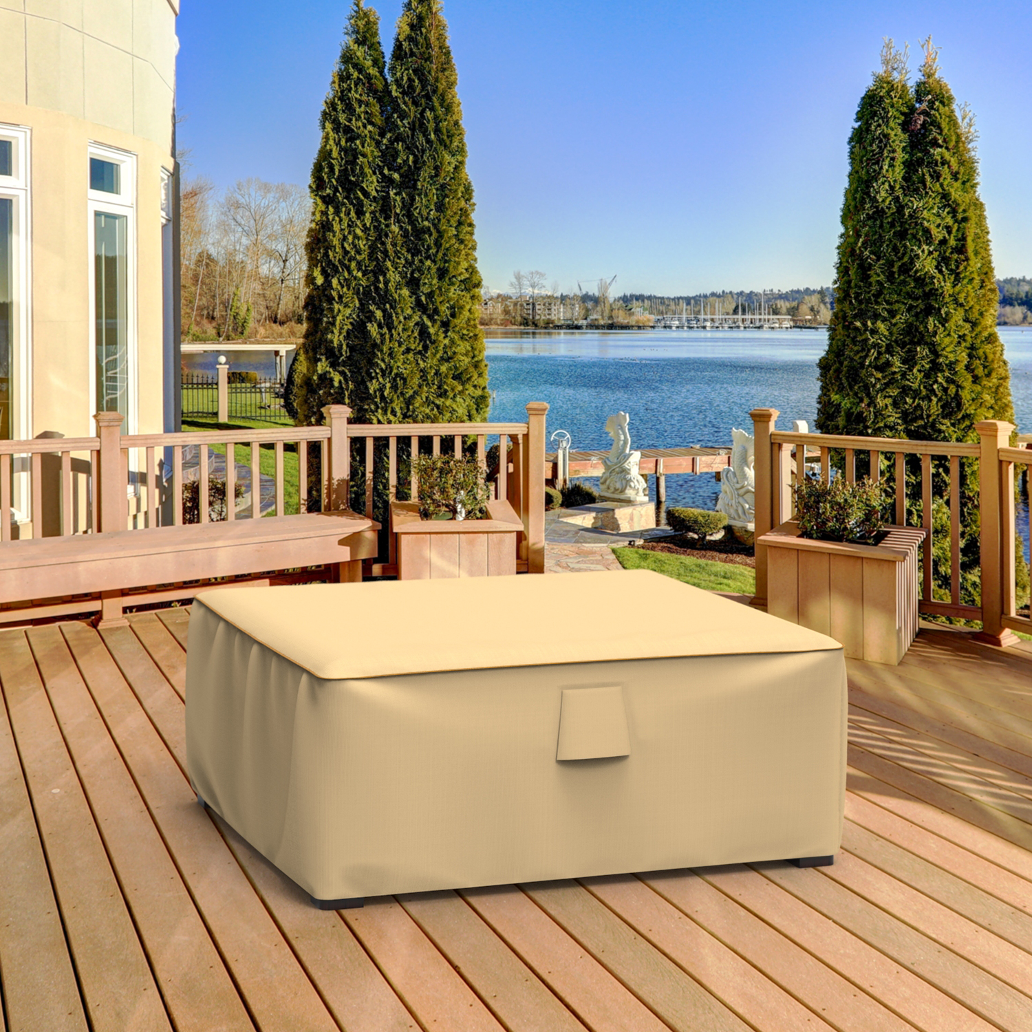 Budge Large Tan Patio Table/Ottoman Cover, StormBlock™ Savanna