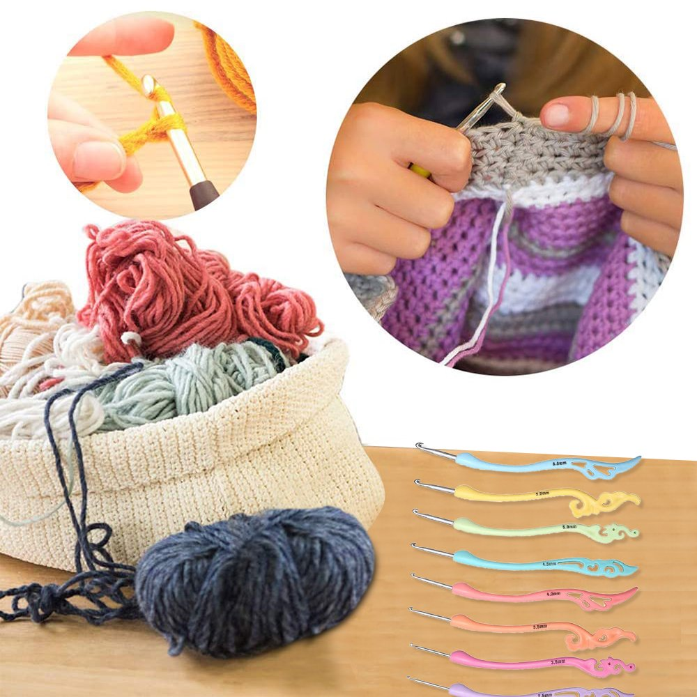 EIMELI Crochet Hooks Set,8 Pcs 2.5mm(B)-16mm(N) Ergonomic Soft Grip  Handles,Smooth Knitting Needles Kit for Arthritic Hands,Extra Long Plus  Knit Needles Weave Yarn Set,Best Gift for Women（Multi-color) 