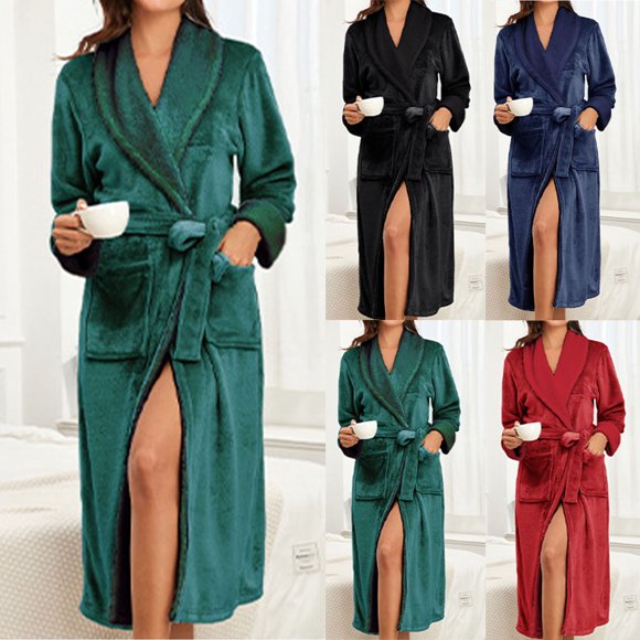 Meichang Peignoir Long pour Femme en Molleton Pelucheux à Manches Longues, Col Châle, Peignoir d'Hiver avec Ceinture, Doux, Duveteux et Moelleux