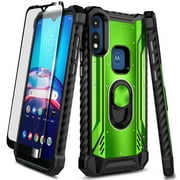 For Motorola Moto E 2020 Case with Tempered Glass Screen Protector (Full Coverage), Aluminum Metal Built-in Ring Stand, Full-Body Protective Shockproof Military Bumper Phone Cover (Green)