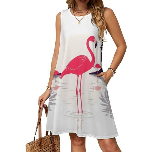 Pink Flamingos Paradise Spring Summer Dresses for Women Fashion T-shirt Dress Casual Sleeveless Loose Sundress with Pockets