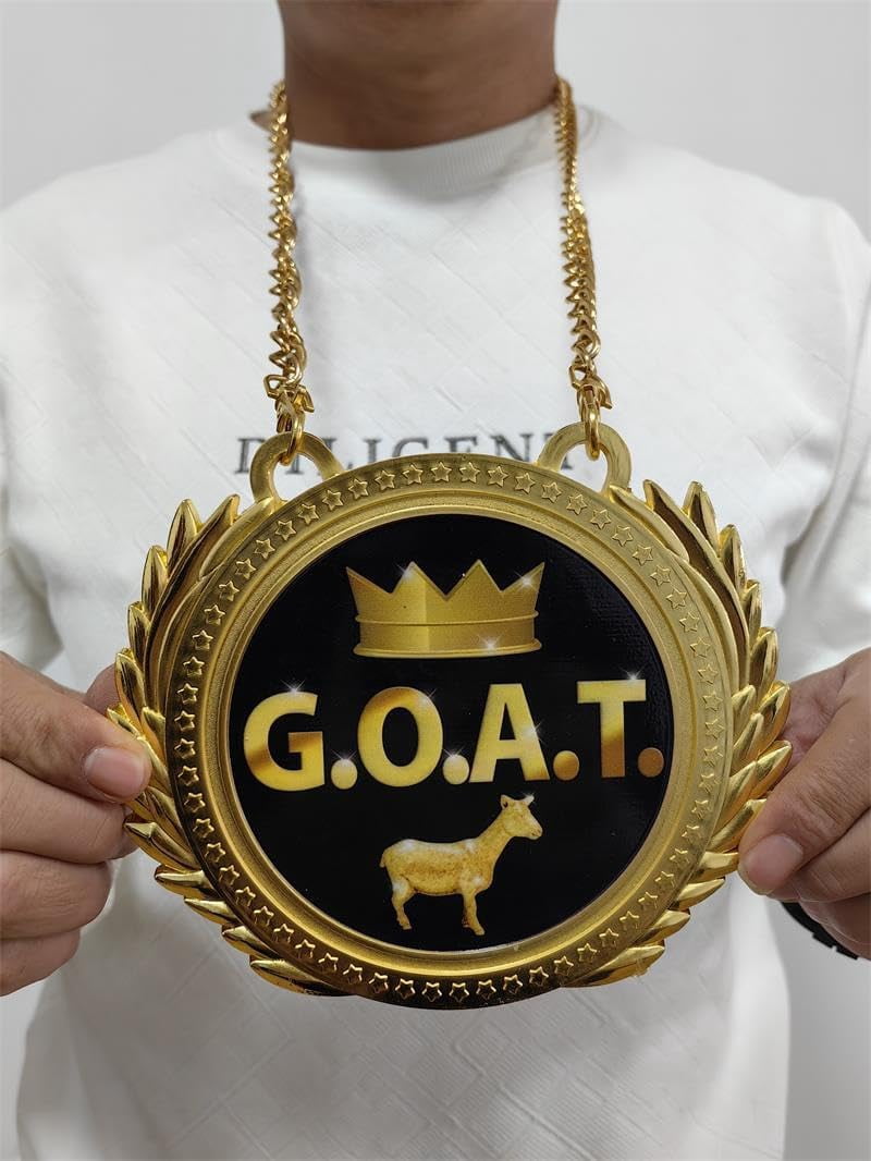 GOAT Greatest of All Time Metal Medal & Chain Set - 0.8lb Heavyweight Gold Alloy, 6.3" x 5.5" Oversized - All Sports Champion Award, MVP Trophy & Gift for Athletes, Fans & Legends