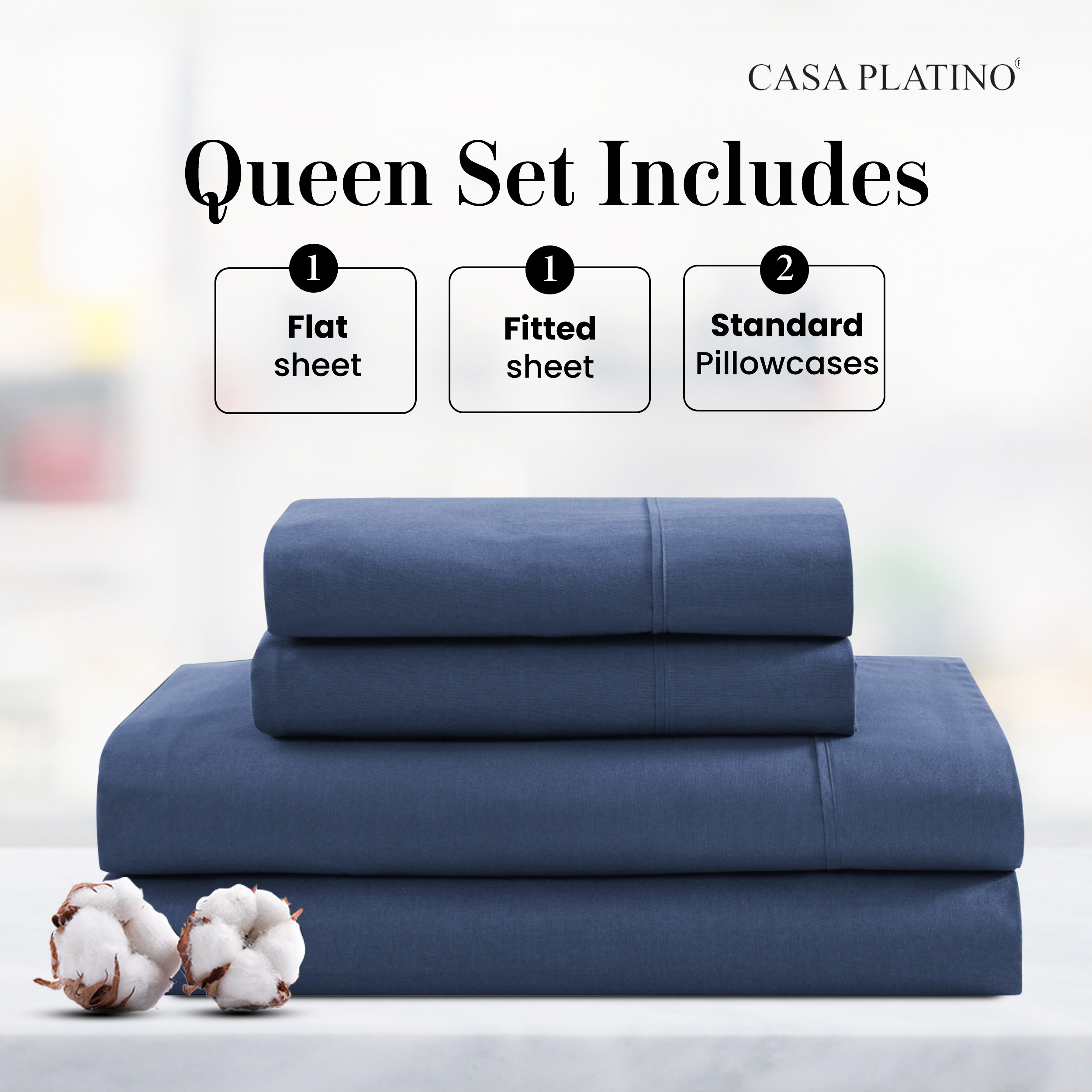 Casa Platino 100% Cotton Percale Queen Sheet Set, Navy photo 2