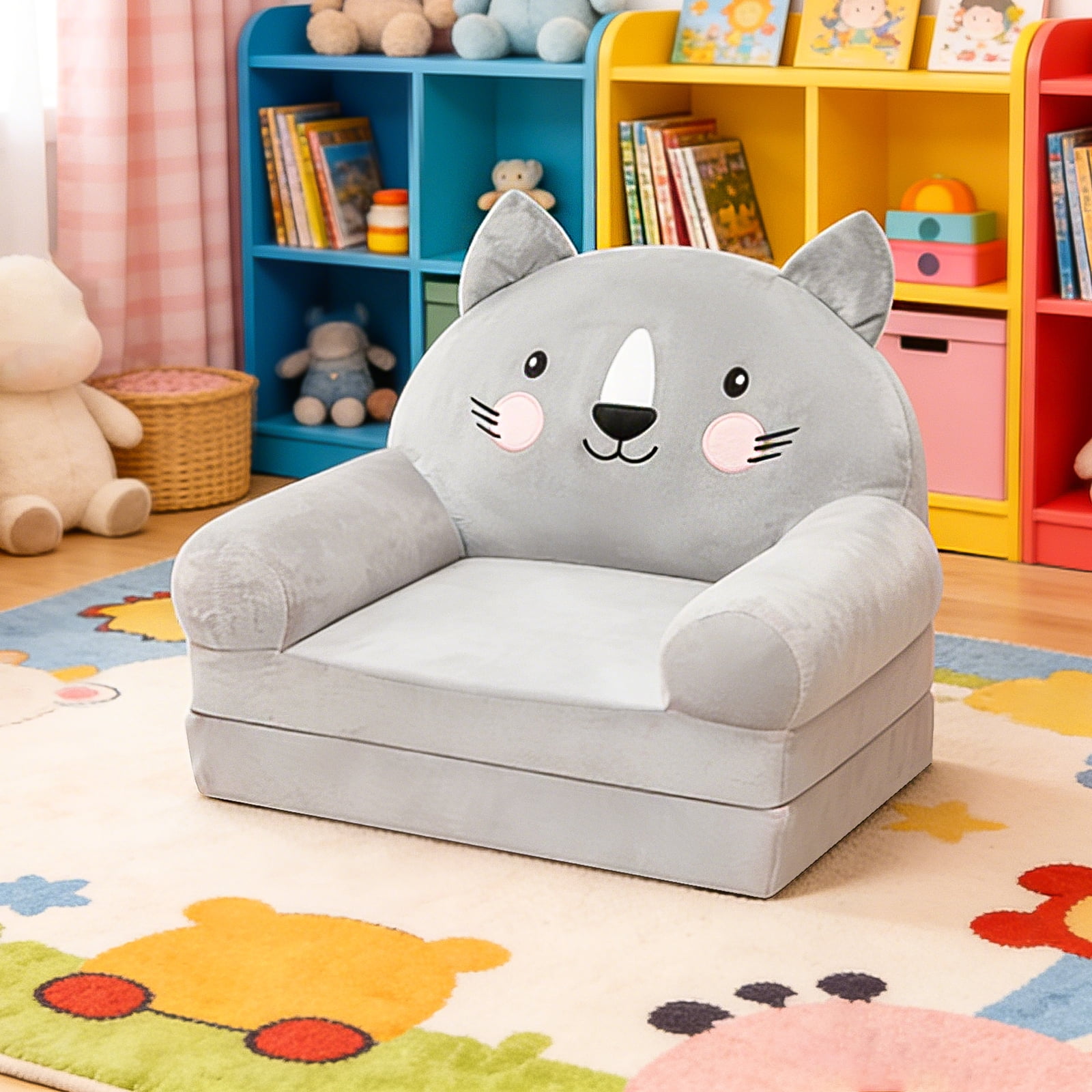 Dznils Toddler Sofa Chair, 2-in-1 Soft Foam Flip Open Kids Couch Lounger Comfy, Ages 1+, Gray Cat