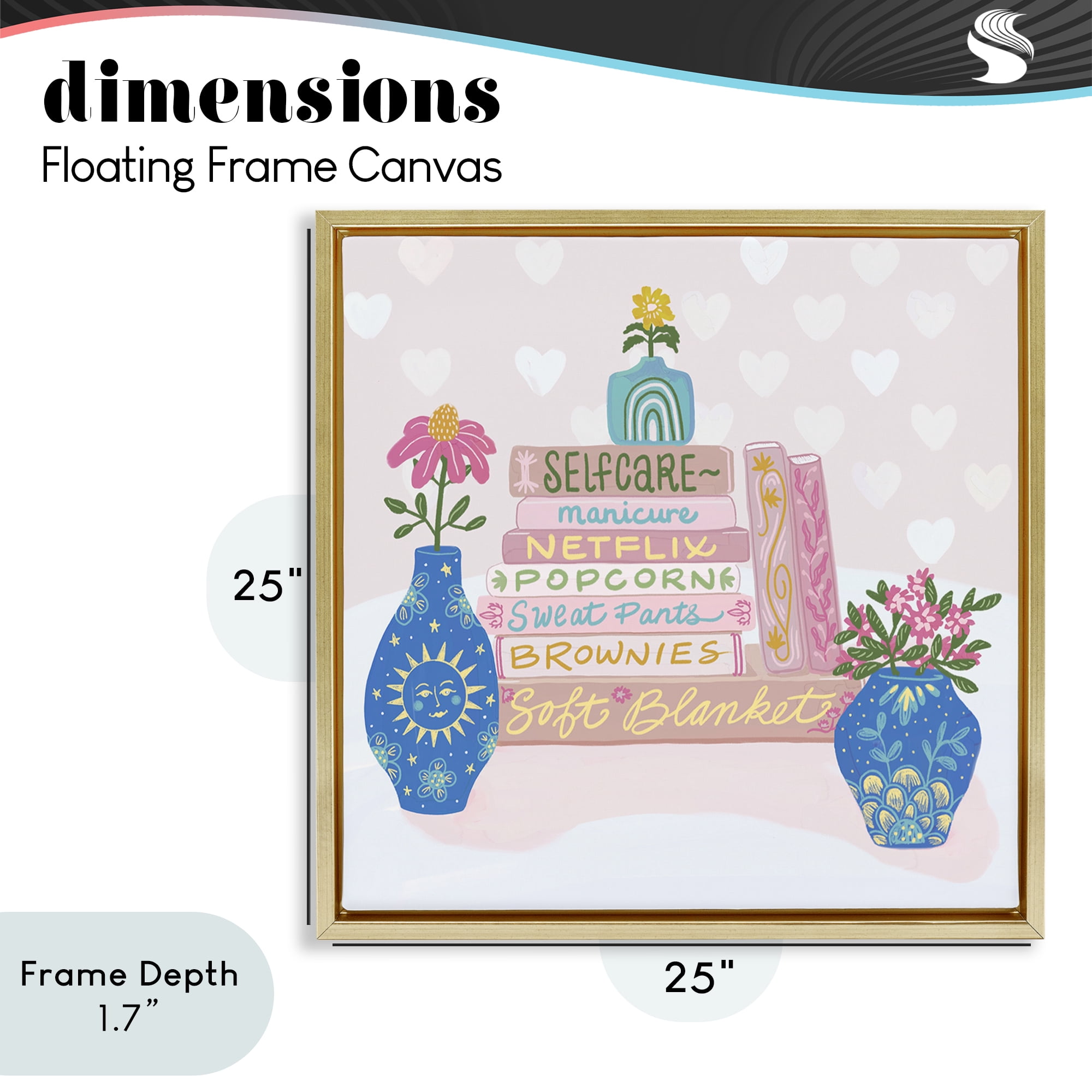Stupell Industries Cozy Boho Self Care Books Gold Framed Floater Canvas Wall Art, design by Connie Summers