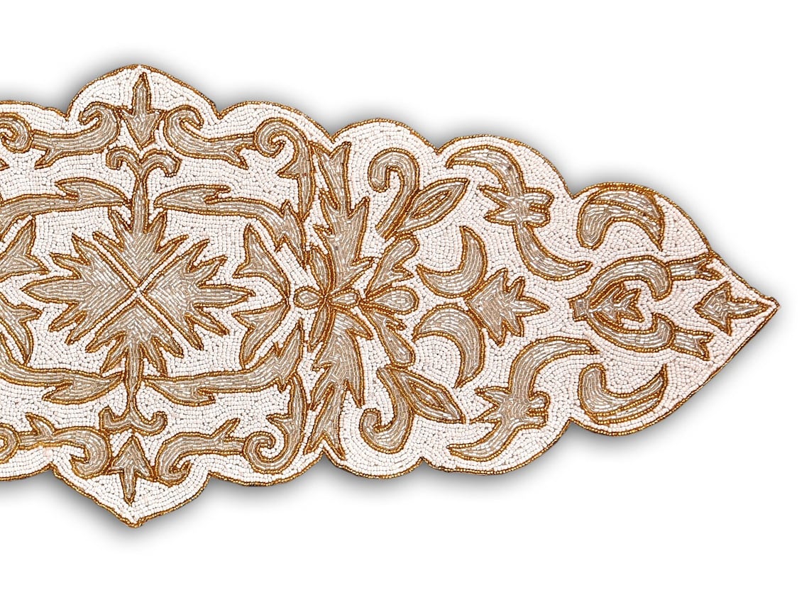 Handmade Beaded Table Runner, White And Gold Table Runner, Contemporary Table Topper 13X36 Inch