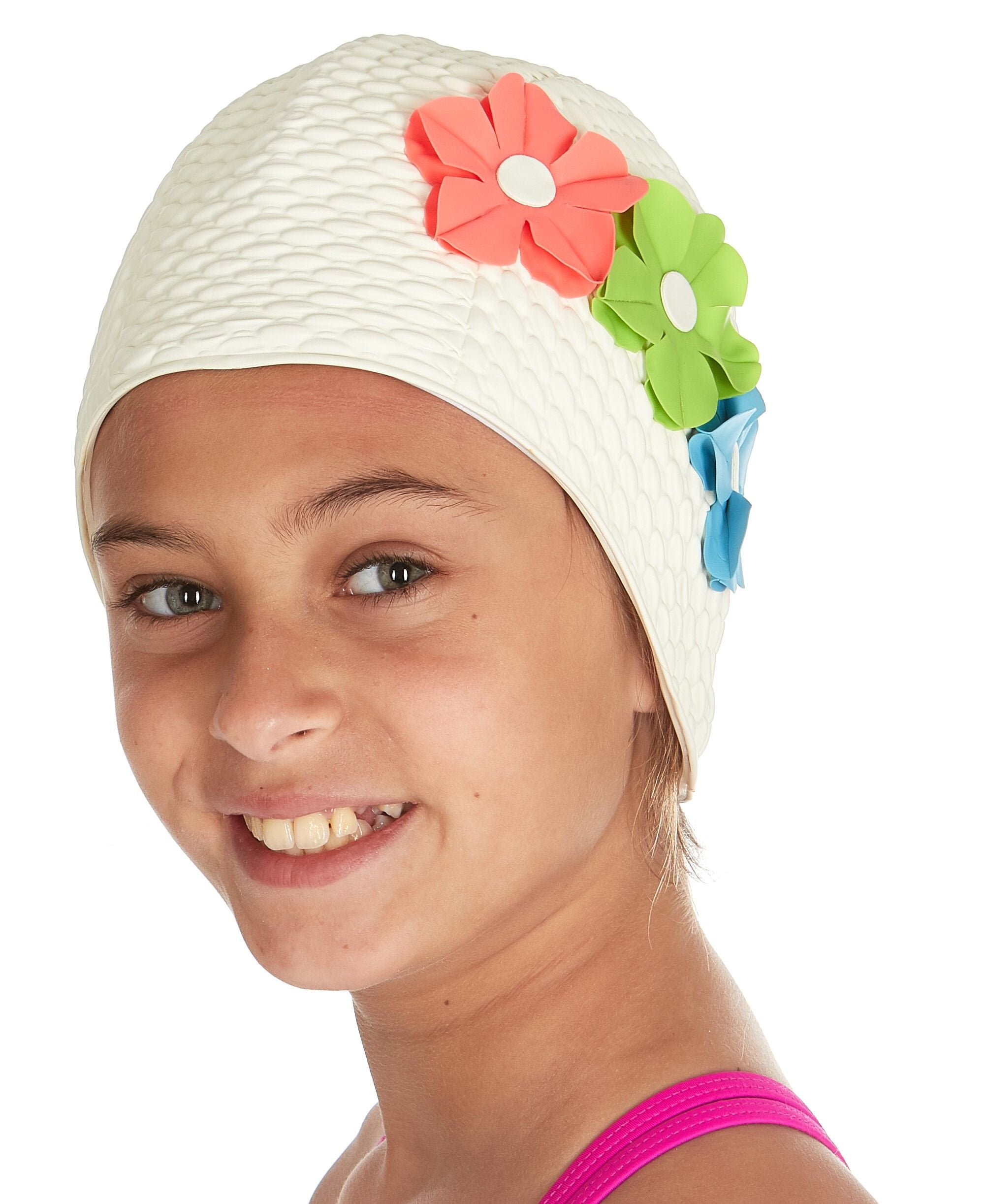 Beemo Kids girls Swim Caps Age 714 Latex 3 Flowers White with Green