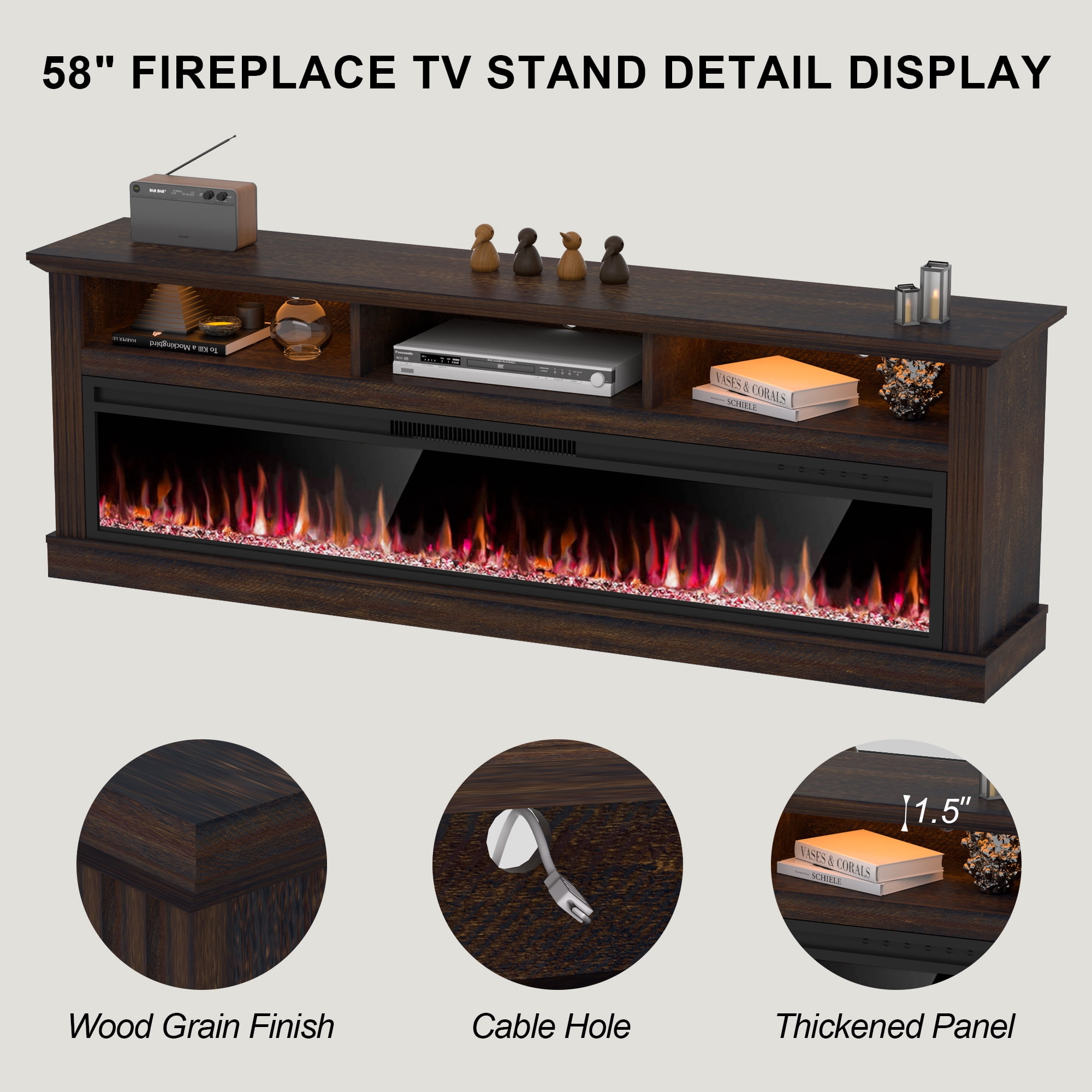 HARIPUL 58" Fireplace TV Stand for TVs Up to 65" with 52" Electric Fireplace,White Entertainment Center with Storage Cabinets,Led Light TV Consoles for Living Room,Brown/Crystal Fireplace