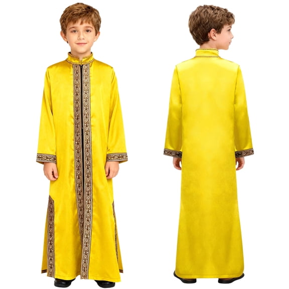 iiniim Boys Gold Embroidery Thobe Long Sleeve Zipper Kaftan Robe Prayer Clothes Gold 6