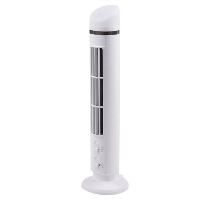 ventilador de torre led de 2 velocidades, portátil, eléctrico, de pie, para sala de estar y dormitorio, color . Ventilador de torre vertical blanco, vista 3/4 frontal; columna sin aspas con rejilla frontal y base ovalada. Panel inferior con dos interruptores para 2 velocidades y tapa superior con banda oscura tipo indicador LED; carcasa ABS lisa. Fondo neutro; portátil, ideal para sala, dormitorio o espacios de trabajo pequeños.
