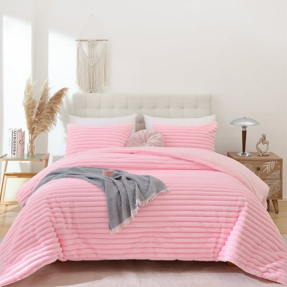 SPRINDAY Fluffy Queen Comforter Set 3 Pieces - Pink Fleece Luxury Fuzzy Reversible Bedding Comforter Set, Soft & Warm Comforter All Season with 2 Pillow Cases