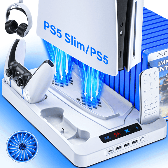 PS5 Stand with Cooling Fan,PS5/PS5 Slim Stand and Cooling Station with Dual Controller Charging Station for PlayStation 5 Console,Controller Charger, Cooling Fan, Headset Holder, 3 USB Hub, White