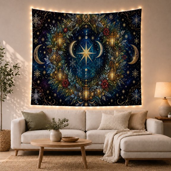 Celestial Star and Moon Phase Wreath Against Starry Sky Mystical Fantasy for Meditation Enthusiasts Serene Wall Art Decor Housewarming Gift Tapestry Wall Hanging for Bedroom and Dorm