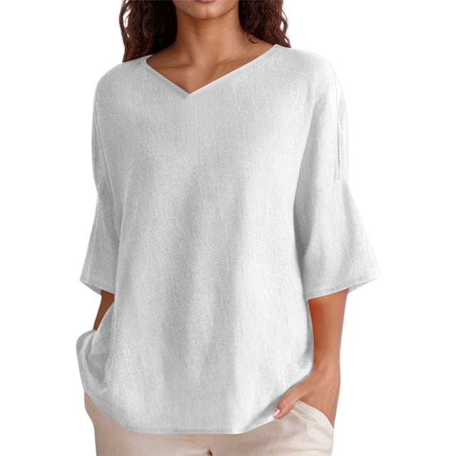 Hiiyo T-Shirt en Coton et Lin pour Femmes, Été, Décontracté, Col en V, Manches Courtes (P-4TG)