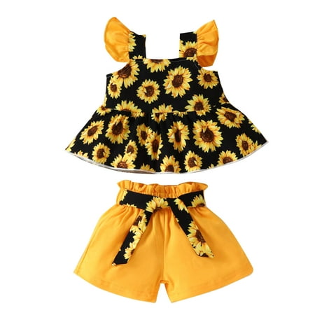 

Toddler Girl Clothes Fly Sleeve Sunflower Print T Shirt Tops Vest Shorts Outfits Summer Clothes