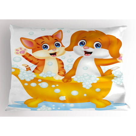 Kids Pillow Sham Cartoon Style Cute Cat and Dog in Bathtub Together with Bubbles Water Splash, Decorative Standard Size Printed Pillowcase, 26 X 20 Inches, Blue Yellow Brown, by (Best Standard Size Bathtub)