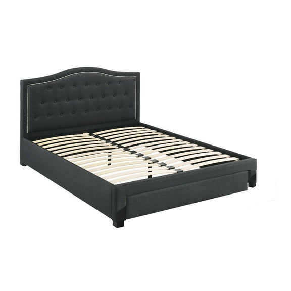 Sey Queen Size Bed w Storage Drawers, Dark Gray Upholstered Headboard