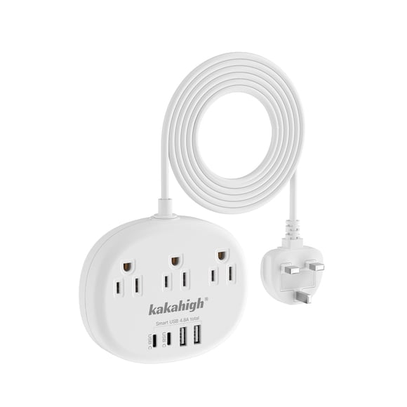 Adaptador de viaje del Reino Unido a EE. UU., con 3 salidas, 4 puertos USB, 24 W, 13 A.