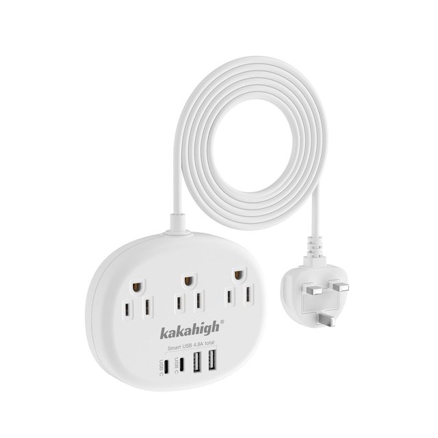 Adaptador de viaje del Reino Unido a EE. UU., con 3 salidas, 4 puertos USB, 24 W, 13 A.