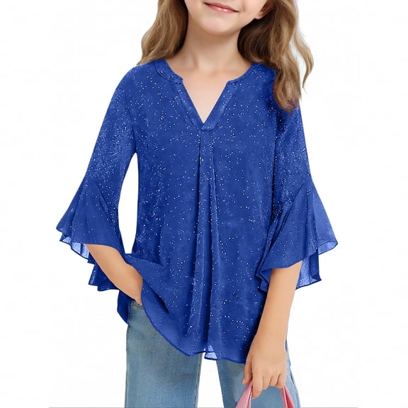 ZACPNCV Girls Solid Mesh Glitter Sparkling Top Long 3/4 Sleeve V Neck Blouse Breathable for Party Celebration Special Occasion Tween