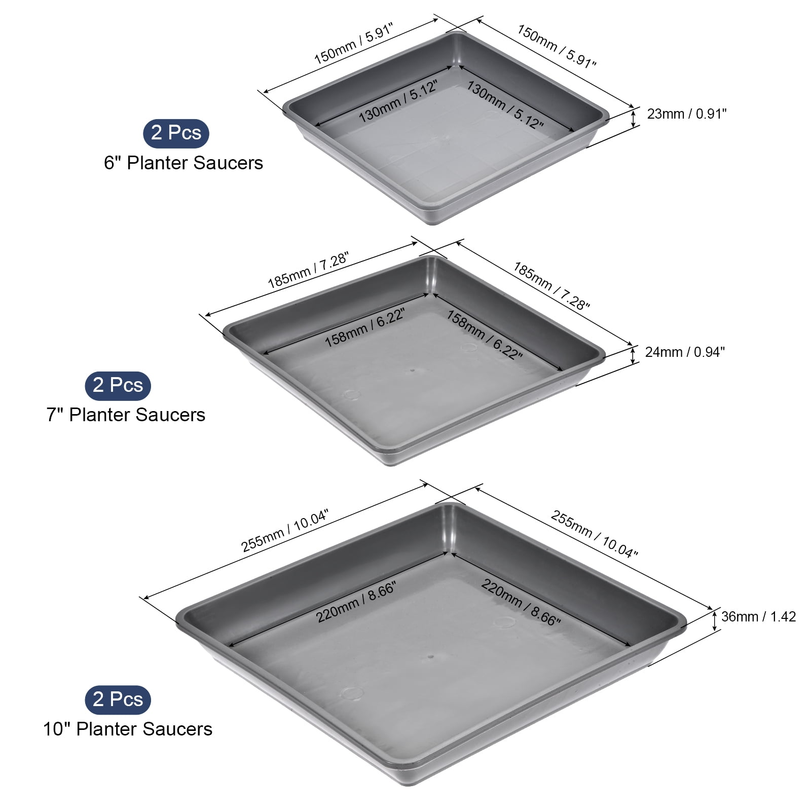 Uxcell 6" 7" 10" Plastic Square Plant Pot Saucer Flower Drip Tray, Gray 6in1 Set