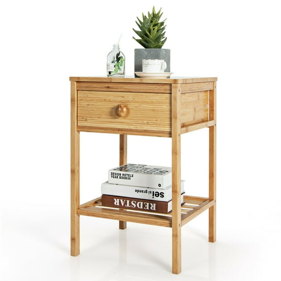 Gymax Bamboo Nightstand Natural Side End Table w/Drawer for Living Room Bedroom