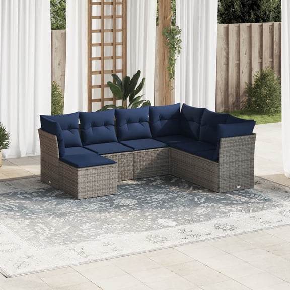 vidaXL 7 Piece Patio Sofa Set with Cushions Gray Poly Rattan