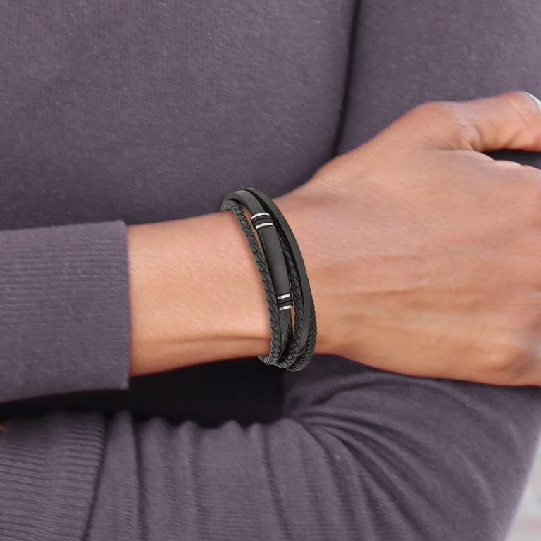 Stainless Steel Brushed Black Leather 8 inch ID Bracelet with Extension Stainless Steel Brushed Black Leather 8 inch ID Bracelet with Extension