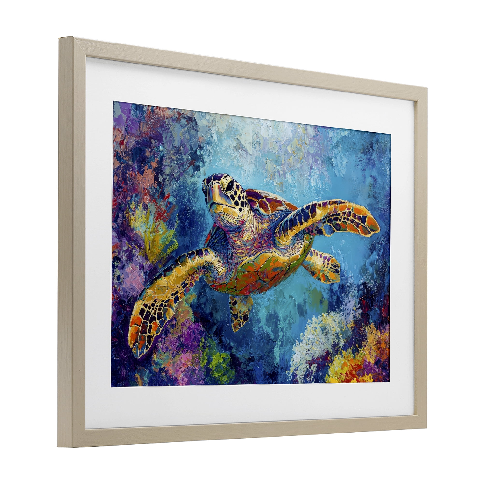 Stupell Industries Colorful Sea Turtle over Coral Birch Framed Print Under Glass, design by Petal Prints Design