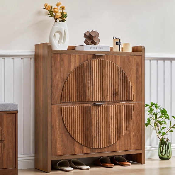 LEFHDA Fluted Flip Drawer Shoe Storage Cabinet - Slim Narrow Shoe Rack with 2 Compartments, Freestanding Wooden Organizer with Open Storage & Legs for Entryway, Hallway, Foyer (Walnut)