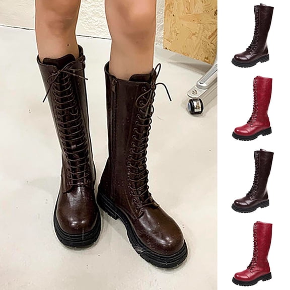 LEAVINGSUO Women's Tall Boots Versatile Round-Toe Lace-Up Mid-Heel Comfortable High Boots Brown 36