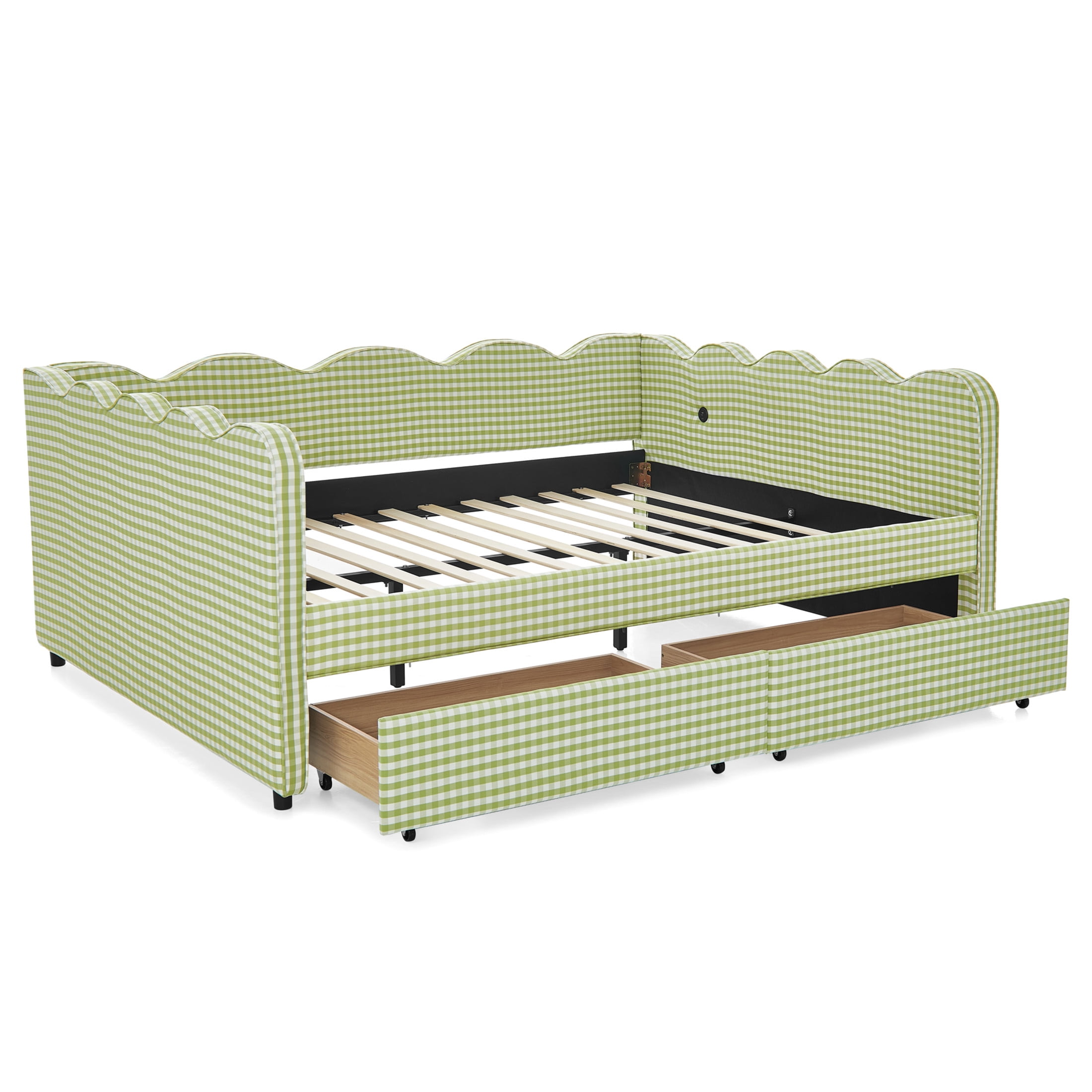 Noble House Corlan Queen Size Waved Daybed, Cozy Gingham Linen Sofa Bed with Storage Drawers and Charging Port, Green