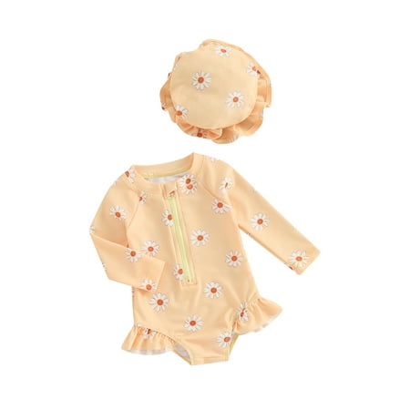 

jaweiwi Baby Toddler Girls Romper Swimsuit 6 9 12 18 24 Months 2T 3T Long Sleeve Flower Print Zipped Bikini with Hat Newborn Swimwear for Summer Bathing Suit