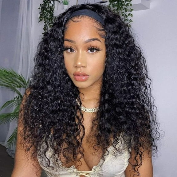 Headband Wig for Black Woman 20 inch Brazilian Human Hair Wigs Deep Curly Wave Headband Wig Natural Color