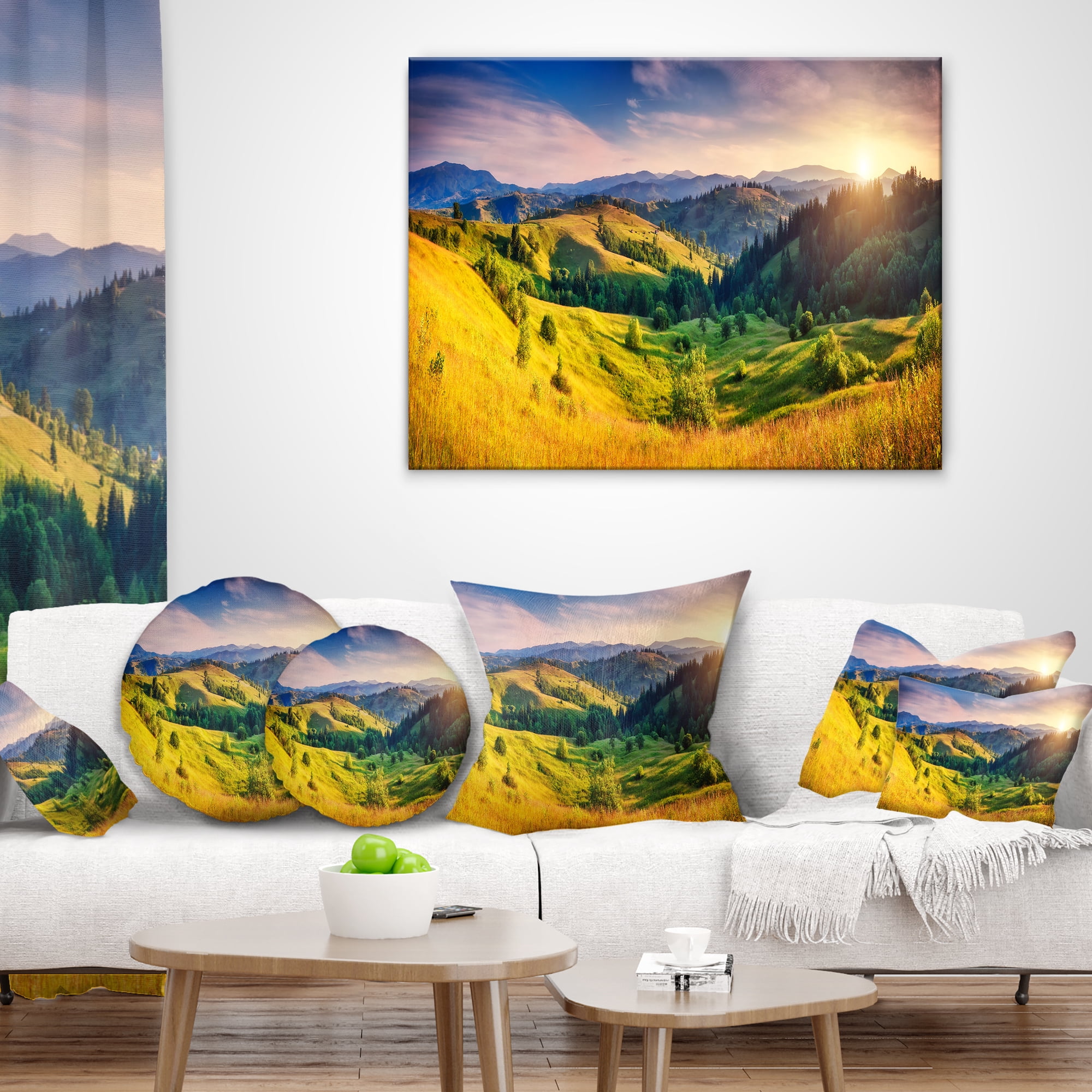 Designart Green Hills Glowing by Sunlight - Landscape Printed Throw Pillow - 18x18