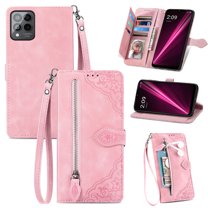 Nalacover Zipper Wallet Case for T-Mobile REVVL 6 Pro 5G/T Phone Pro 5G with Handbag Wrist Strap, Embossed Pattern Premium PU Leather Cover with Card Slots Holder Magnetic Clasp Kickstand Case, Pink
