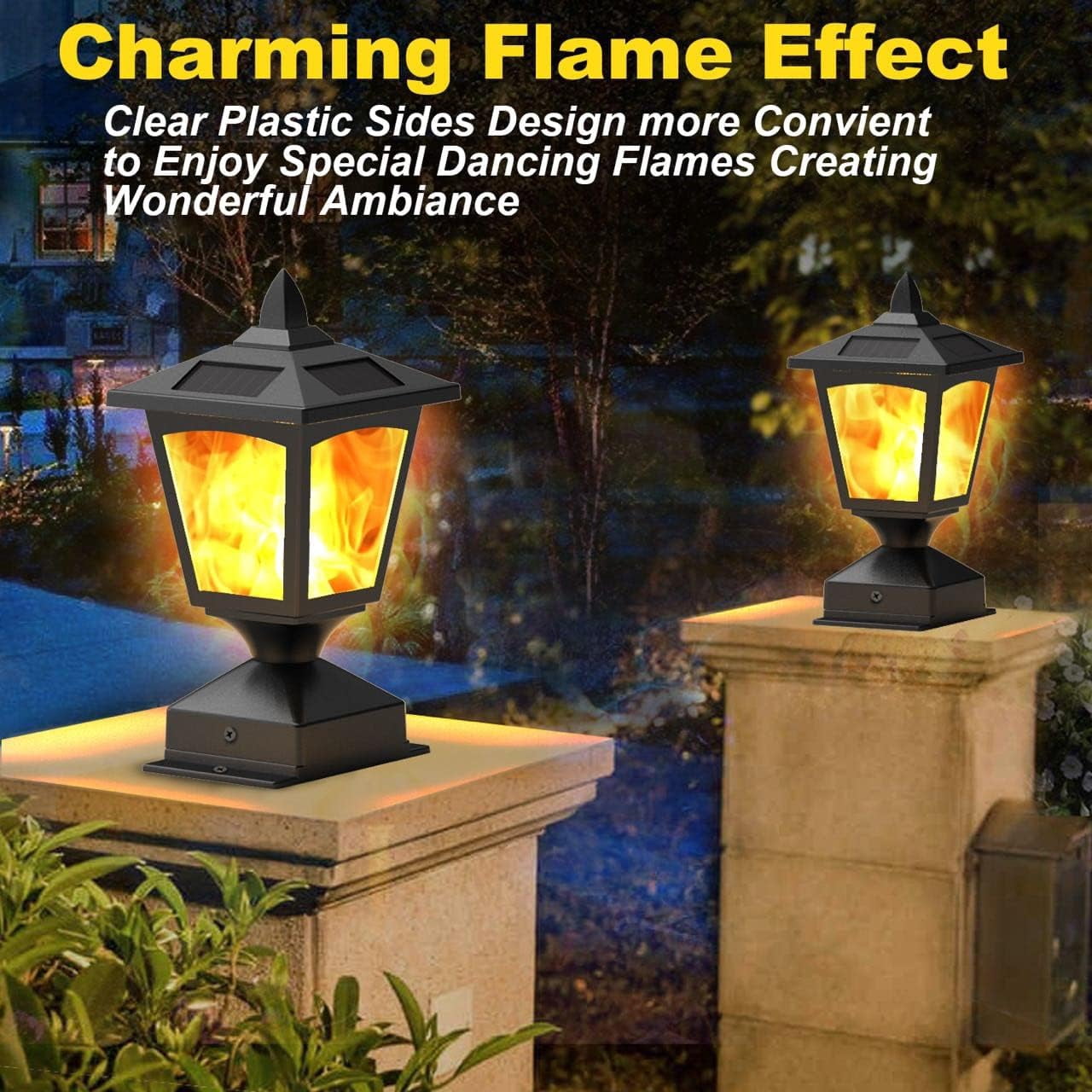 Solar Post Cap Lights for 4x4 Wood Fence, Flickering Flame LED, Waterproof Outdoor Deck & Garden Lighting, 4 Pack, Auto On/Off, Black