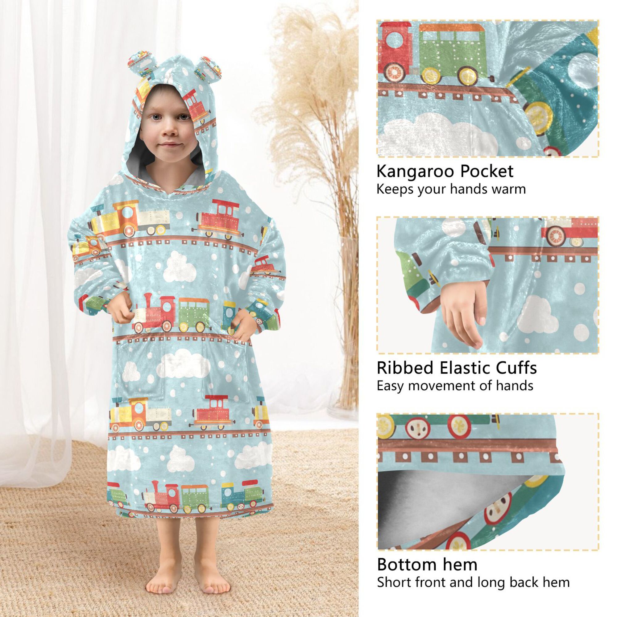 FORMRS Wearable Blanket Hoodie with Sleeves for Kids Cozy Flannel Sweatshirt, Red Trains Pattern