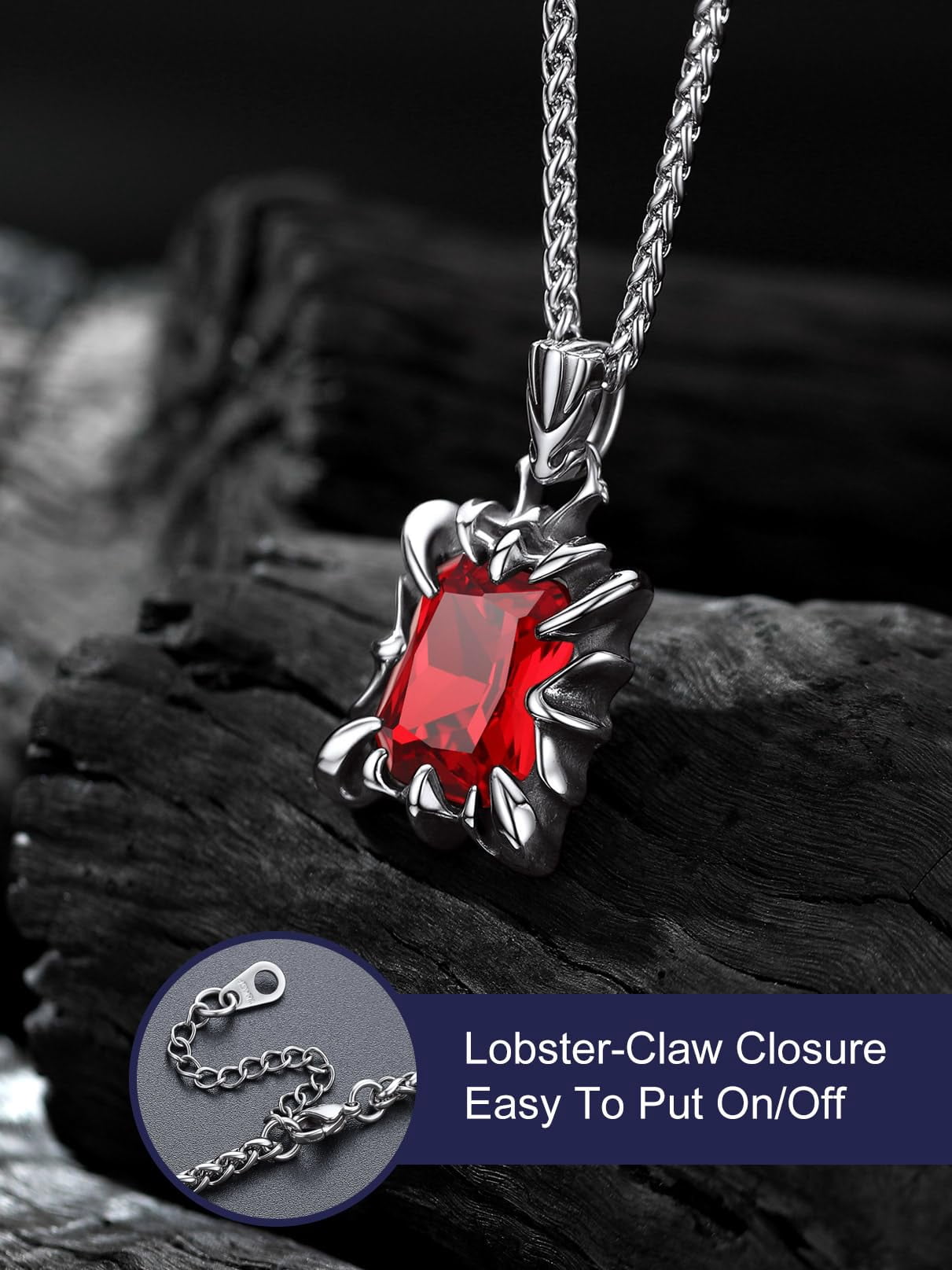 Bandmax Gothic Stainless Steel Necklaces for Men Women Dragon Claw Pendant Ruby Stone Vintage Goth Punk Necklace for Gift