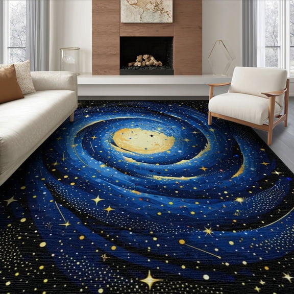 ODIKA 8'x10' Washable Area Rug Durable, Non-Slip Blue Galaxy Nebula Starry Meteorite Deep Astrology Uranus Themed Swirling Vortex Design for Living Room, Under Sectional, Family