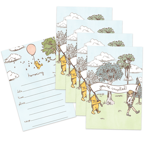 Winnie the Pooh Baby Shower or Birthday Party Invites - 20 Count of 4 x 6 Inch Double Sided Fill-In Invitations With Wet To Seal Envelopes