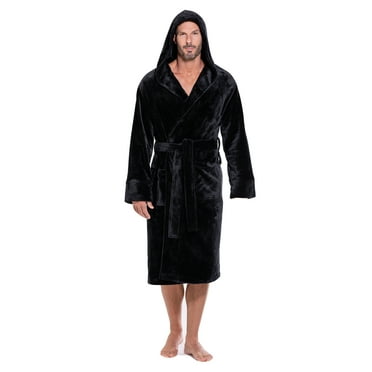 Plush Black Polar Fleece Hooded Bathrobe for Men, Adult XL, Full Length.