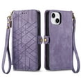 thumbnail image 3 of SaniMore for iPhone 15 Plus (6.7" 2023) Case, PU Leather Embossed Lines with Wrist Strap Zipper Cash Pocket Card Slots Magnetic Flip Stand Full Protective TPU Shell Anti-drop Business Design - Purple, 3 of 14
