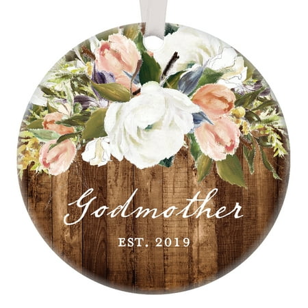 Godmother Christmas Ornament, 2019 New God Mother Christmas Gift Christian Baptism Christening Rustic Modern Farmhouse Floral Present Pretty 3