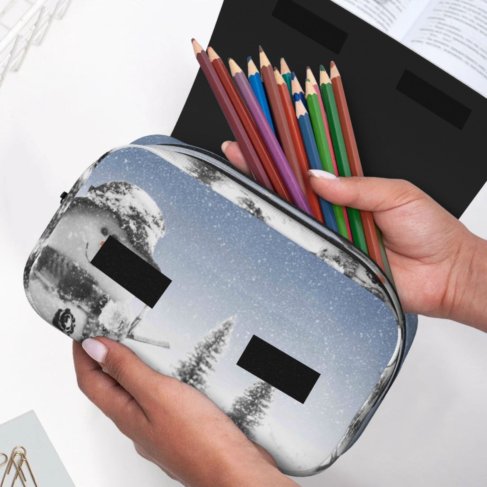 Rateoe Snowman And Christmas Tree Pattern Double Clamshell Pen Case, Storage Organizer with Two Zipper Compartments– Holds Up to 50 Pencils & Pens