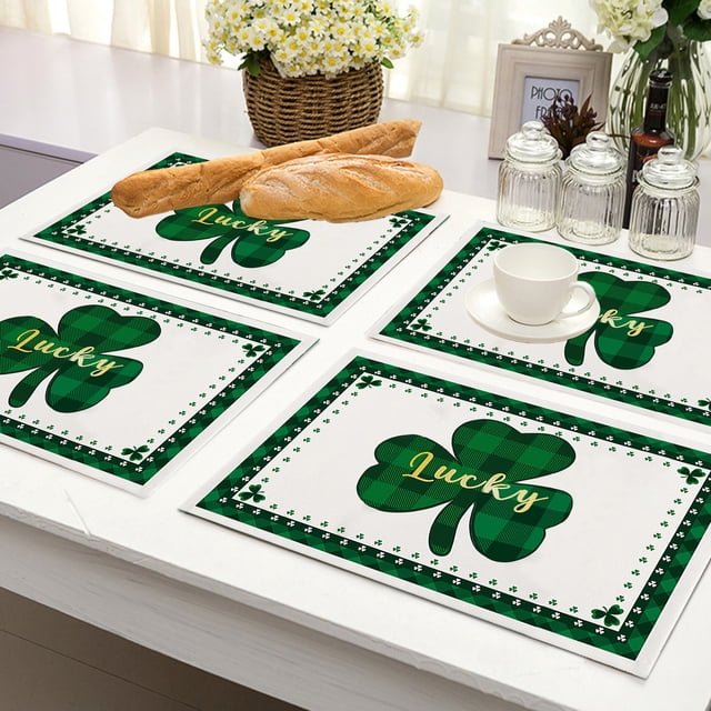 4 piezas de manteles individuales del día de San Patricio lino verde trébol de cuatro hojas con estampado de 33x48cm aislamiento térmico para la decoración de fiestas navideñas